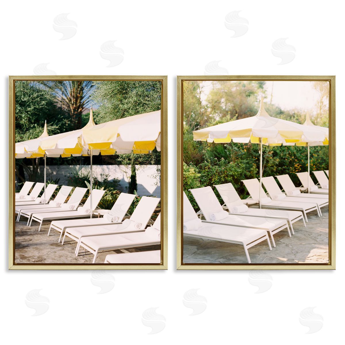 Justine Milton Chaise Lounges with Umbrellas Gold Floating Frame Canvas Wall Art Print