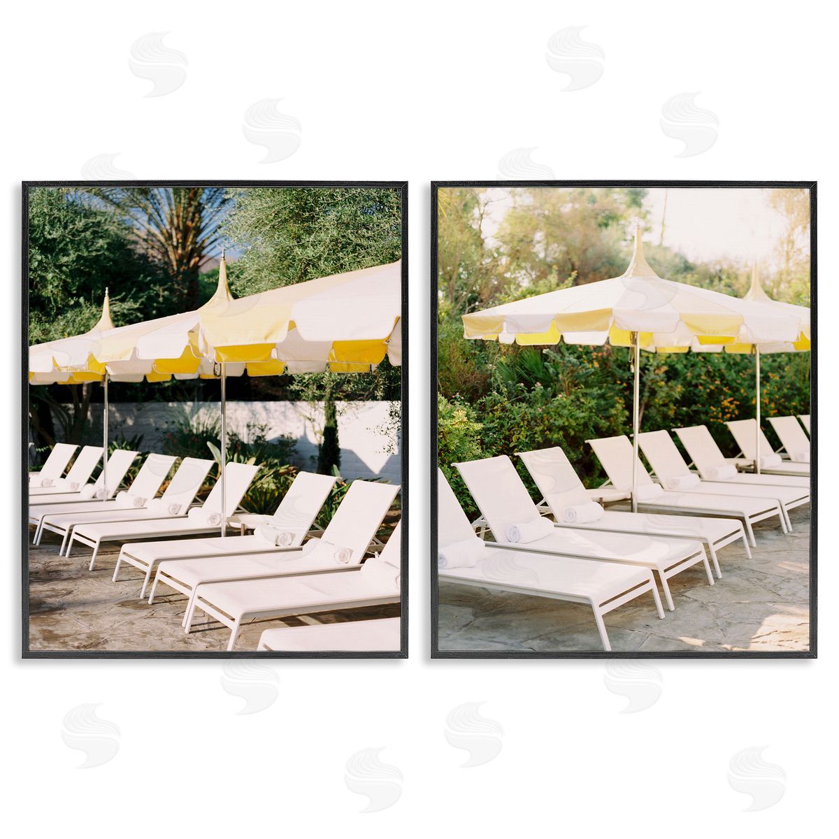 Justine Milton Chaise Lounges with Umbrellas Black Framed Giclee Wall Art Print