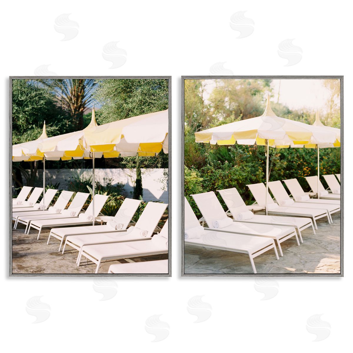 Justine Milton Chaise Lounges with Umbrellas Gray Framed Giclee Wall Art Print