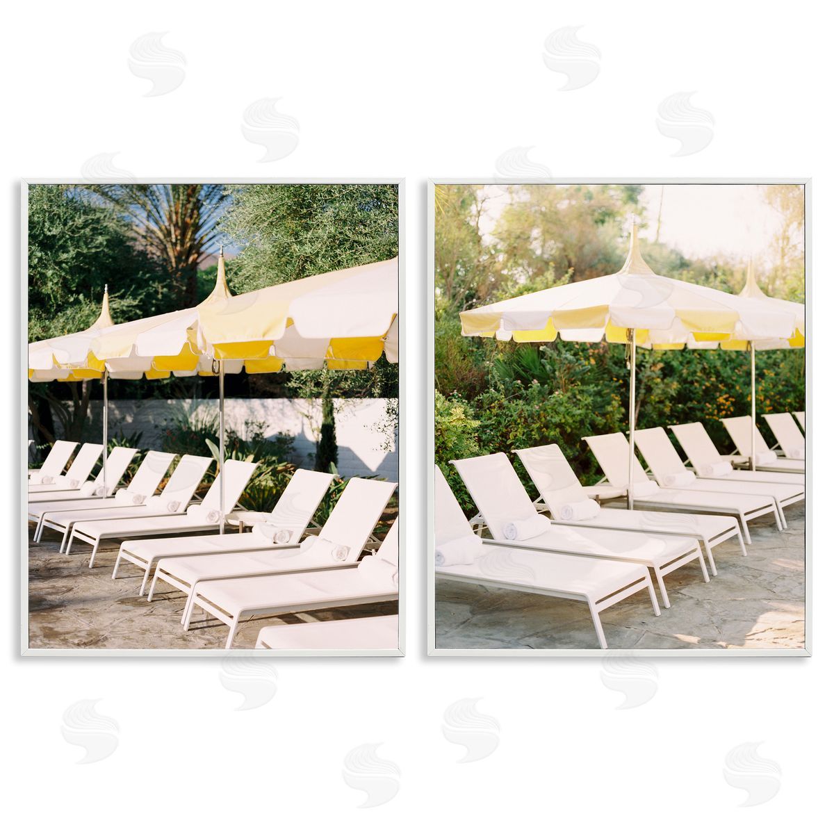Justine Milton Chaise Lounges with Umbrellas White Framed Giclee Wall Art Print