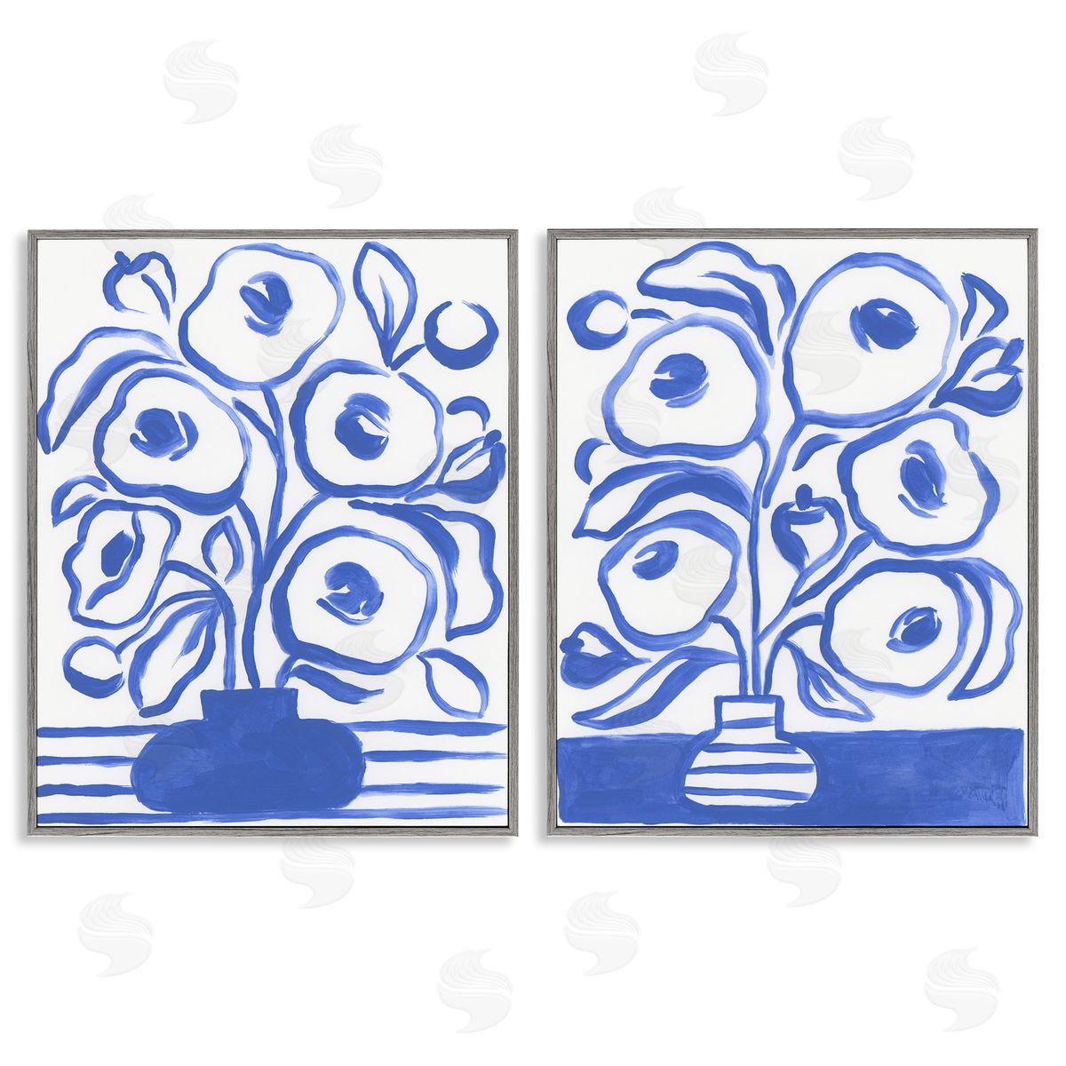 June Erica Vess Modern Blue Floral Vase Gray Framed Giclee Wall Art Print