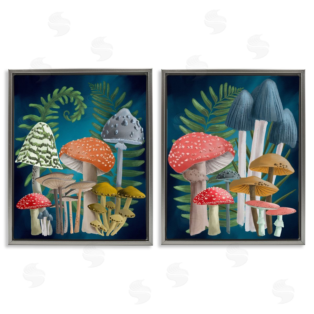Regina Moore Mushroom Varieties Forest Ferns Gray Floating Frame Canvas Wall Art Print