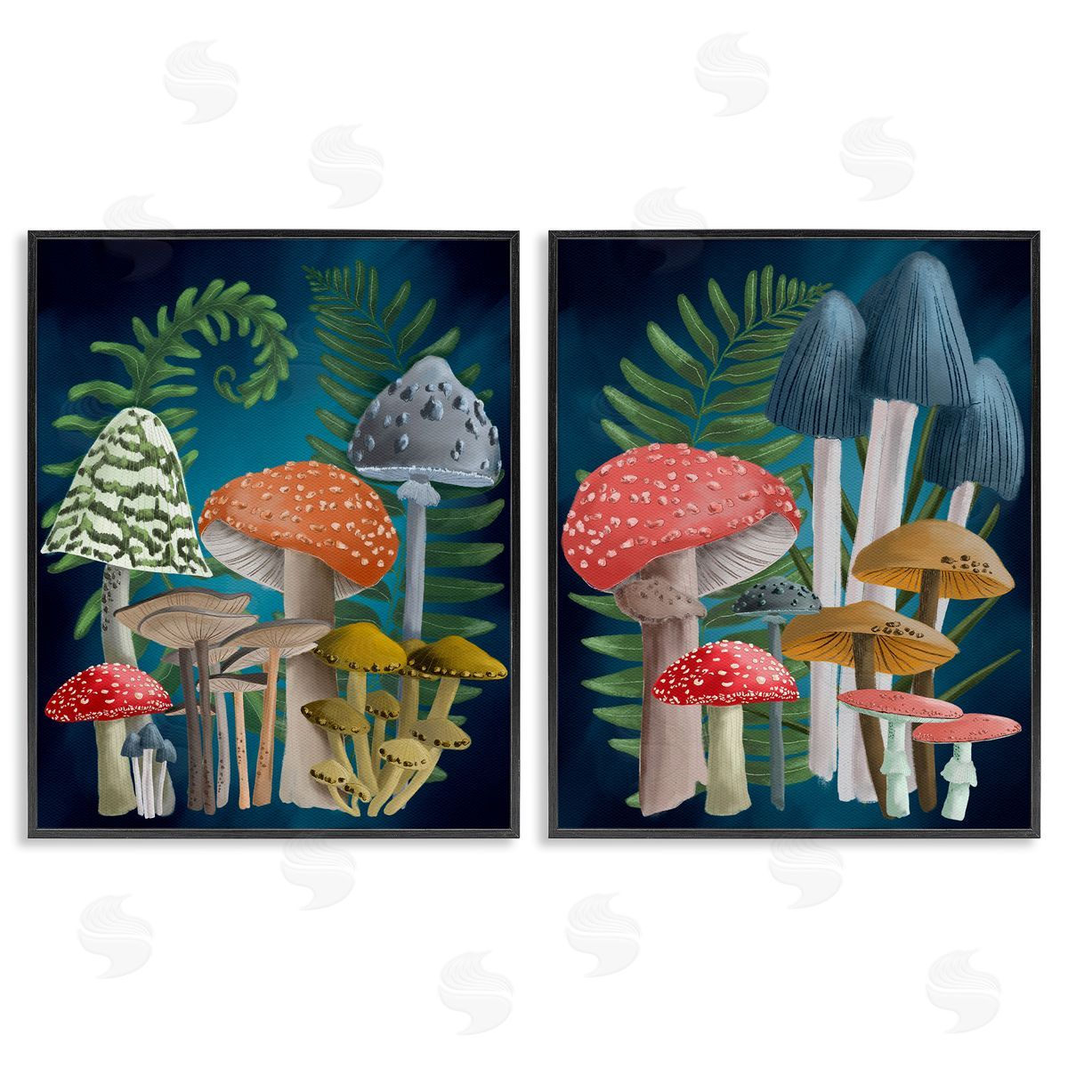 Regina Moore Mushroom Varieties Forest Ferns Black Framed Giclee Wall Art Print