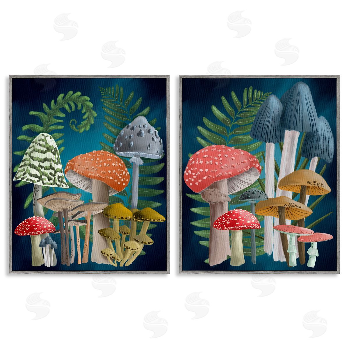 Regina Moore Mushroom Varieties Forest Ferns Gray Framed Giclee Wall Art Print