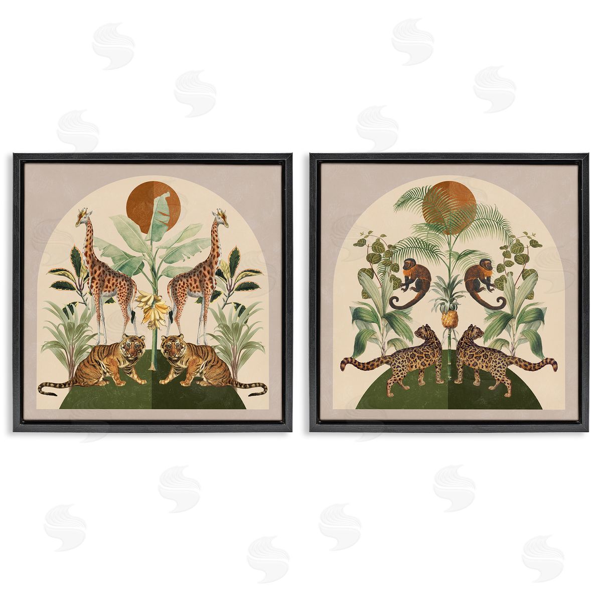 Victoria Barnes Jungle Animals Foliage Illustration Black Floating Frame Canvas Wall Art Print