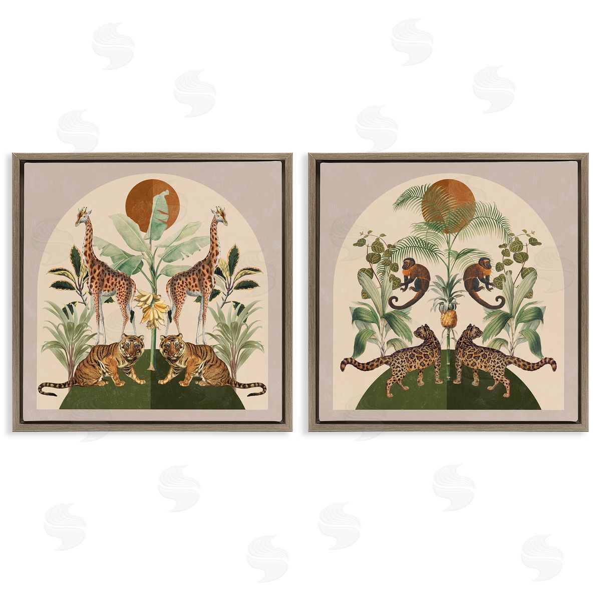 Victoria Barnes Jungle Animals Foliage Illustration Brown Floating Frame Canvas Wall Art Print
