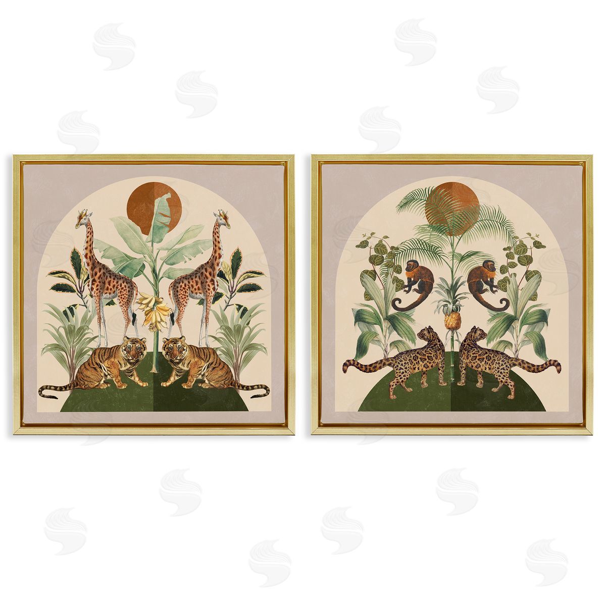 Victoria Barnes Jungle Animals Foliage Illustration Gold Floating Frame Canvas Wall Art Print