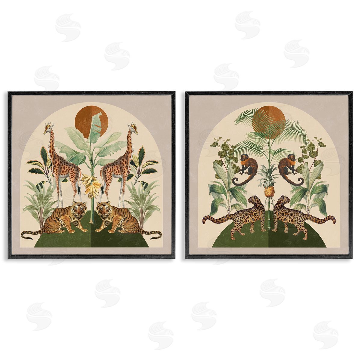 Victoria Barnes Jungle Animals Foliage Illustration Black Framed Giclee Wall Art Print