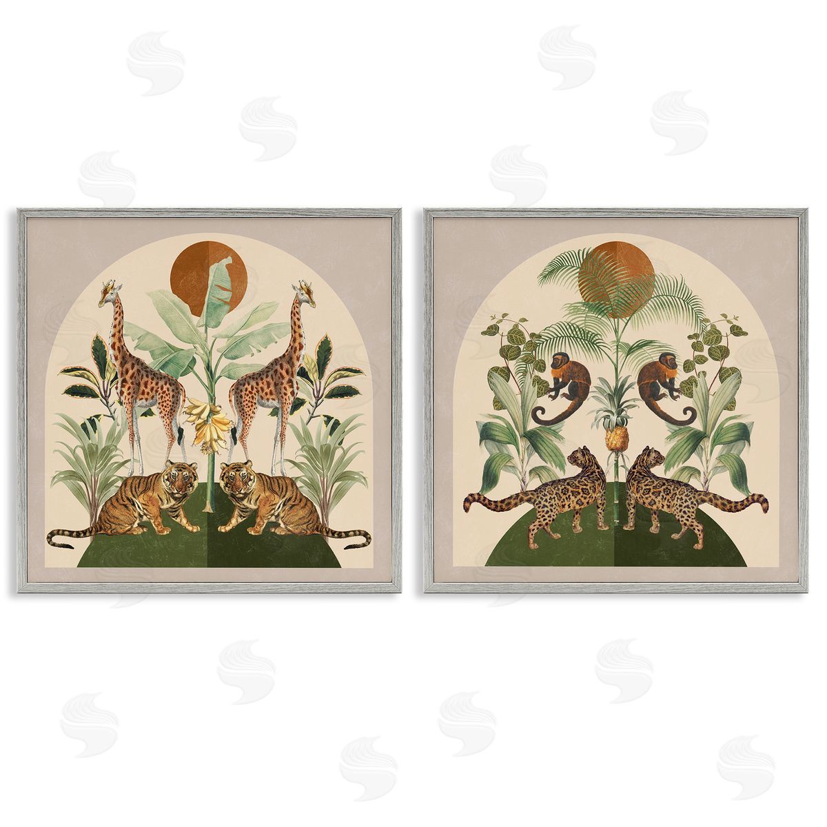 Victoria Barnes Jungle Animals Foliage Illustration Gray Framed Giclee Wall Art Print