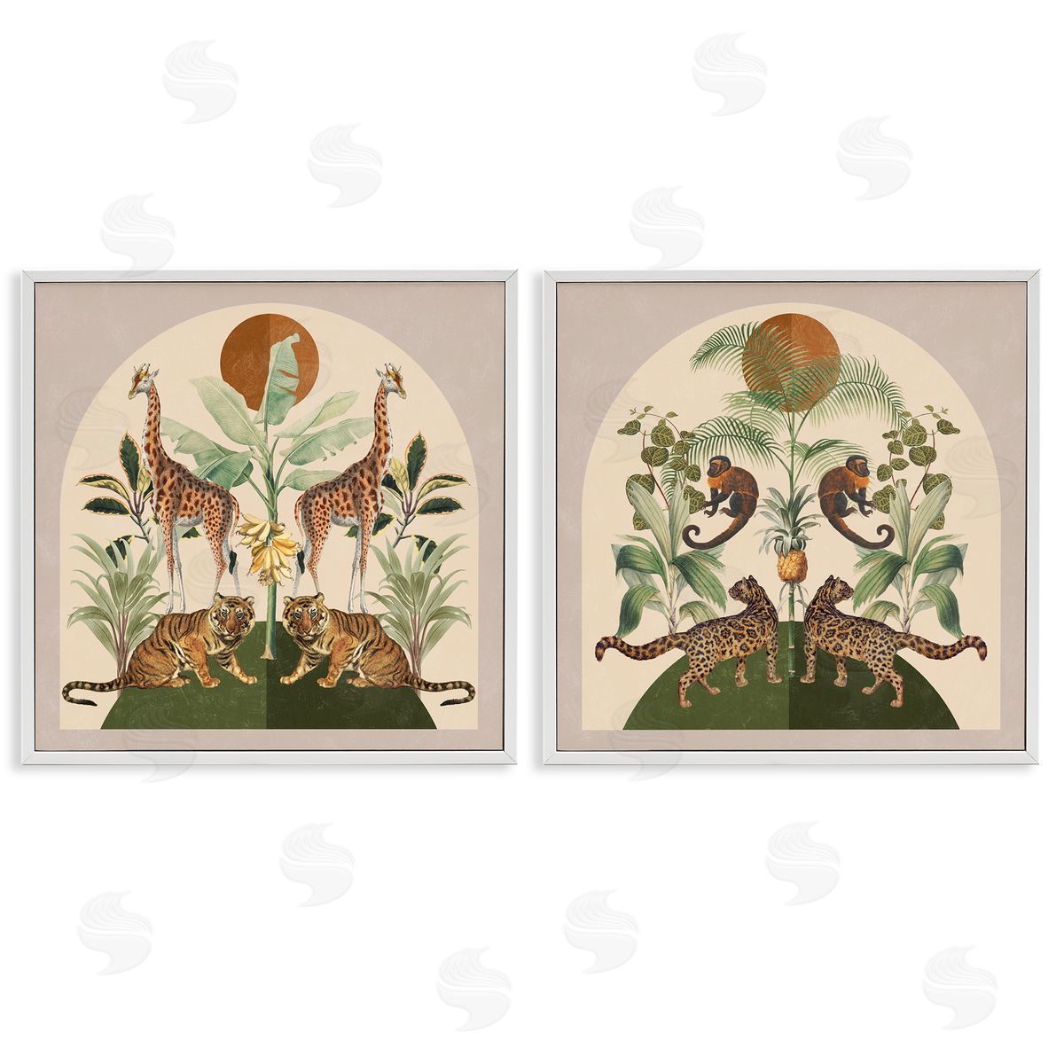 Victoria Barnes Jungle Animals Foliage Illustration White Framed Giclee Wall Art Print