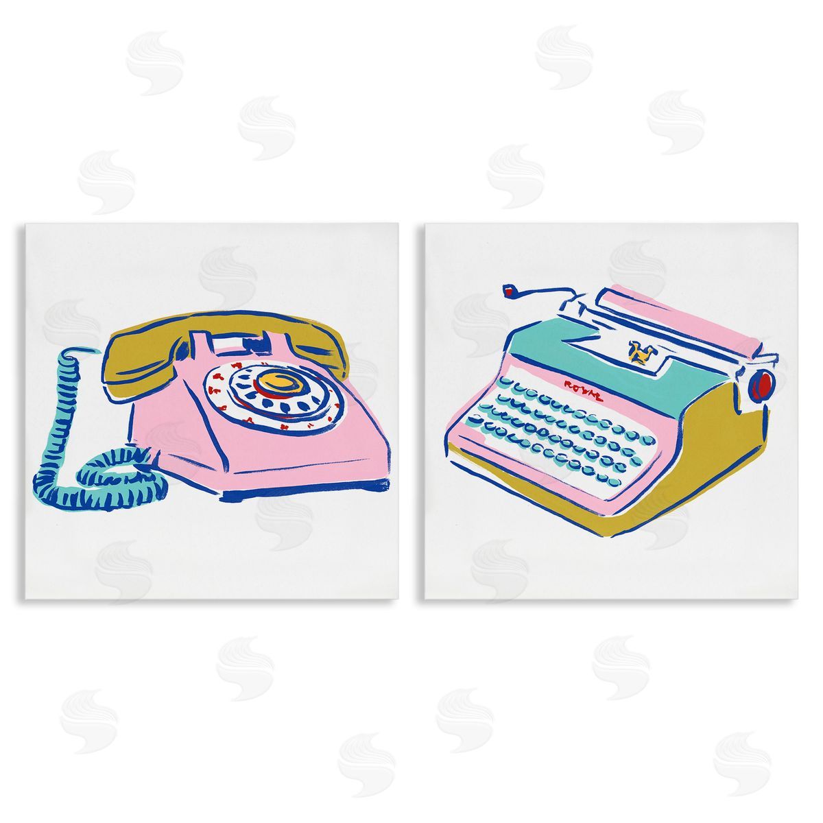 June Erica Vess Vintage Rotary Phone Typewriter Drawing Canvas Wall Art Print