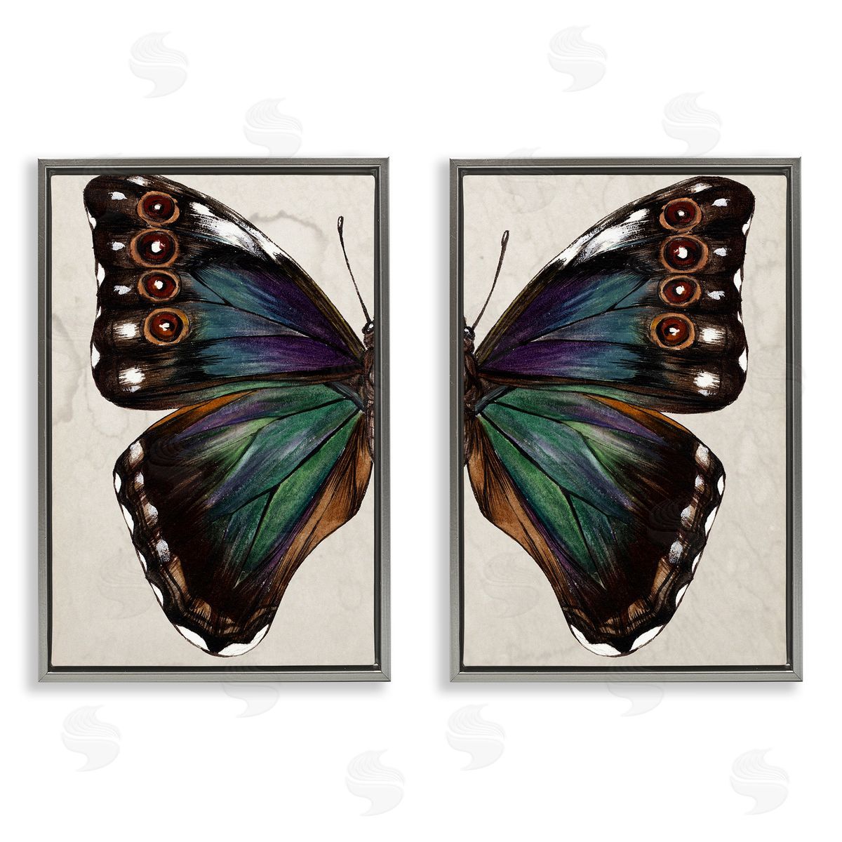 Melissa Wang Colorful Purple Green Butterfly Gray Floating Frame Canvas Wall Art Print