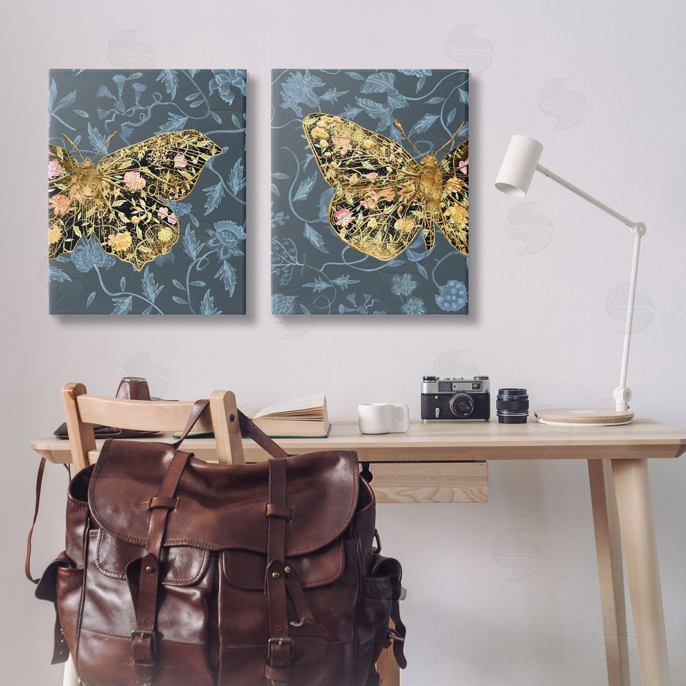 Melissa Wang Gold Winged Black Moth Floral  Canvas Wall Art Print in Room