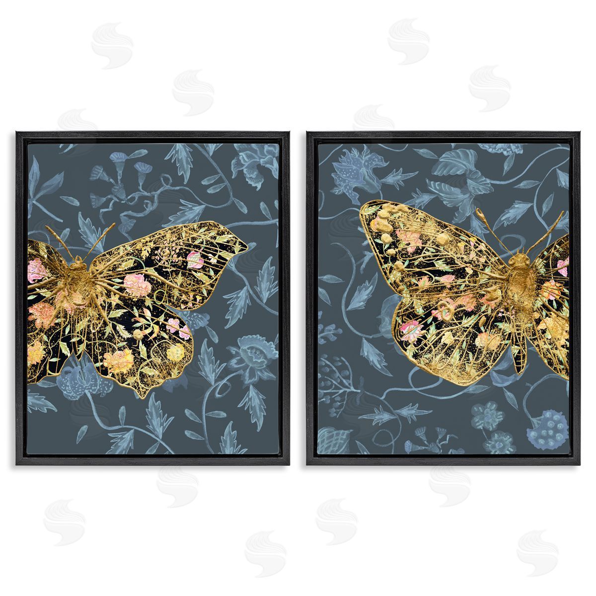 Melissa Wang Gold Winged Black Moth Floral  Black Floating Frame Canvas Wall Art Print