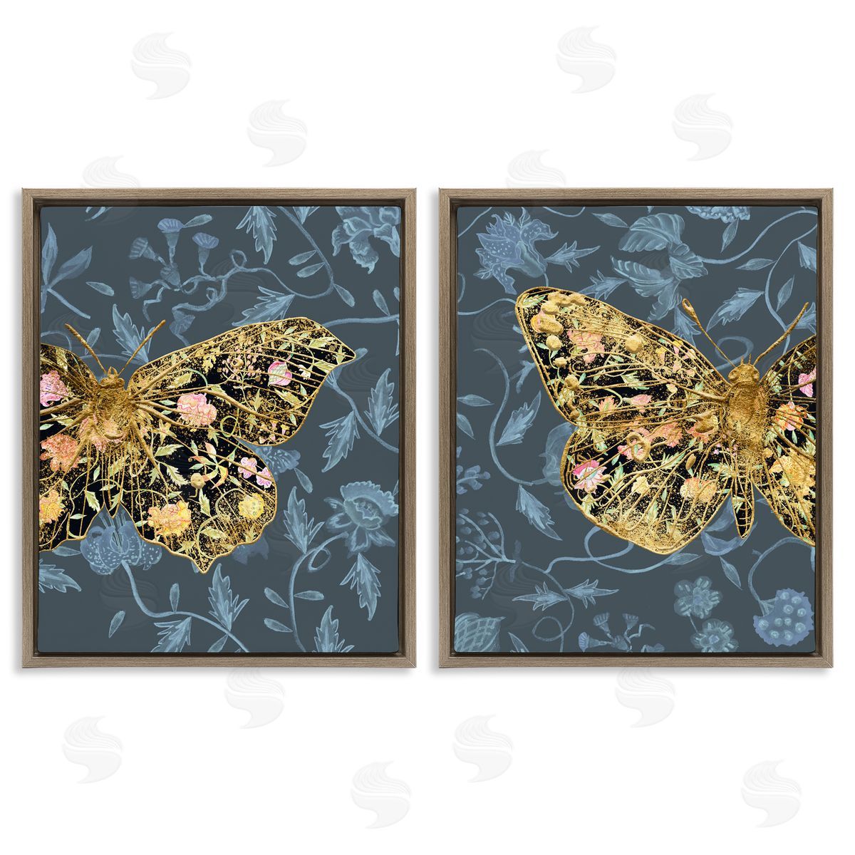 Melissa Wang Gold Winged Black Moth Floral  Brown Floating Frame Canvas Wall Art Print