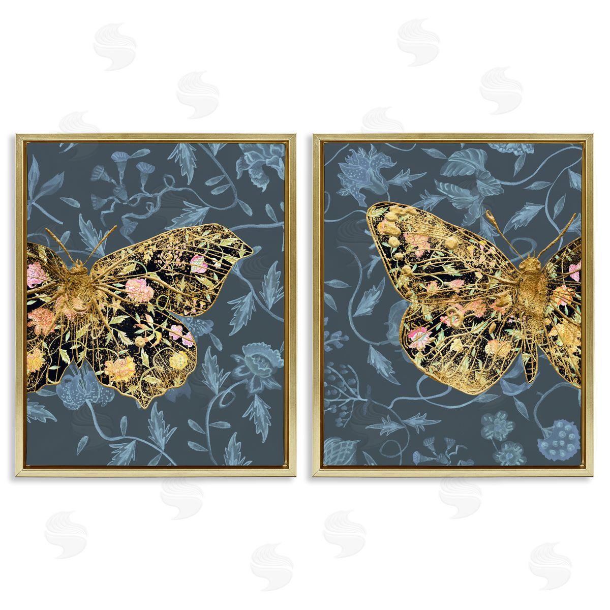 Melissa Wang Gold Winged Black Moth Floral  Gold Floating Frame Canvas Wall Art Print
