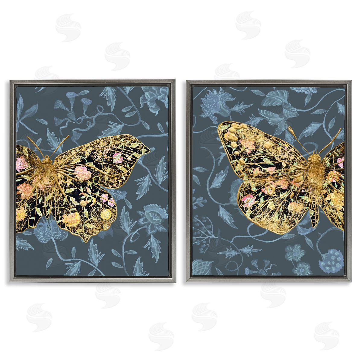 Melissa Wang Gold Winged Black Moth Floral  Gray Floating Frame Canvas Wall Art Print