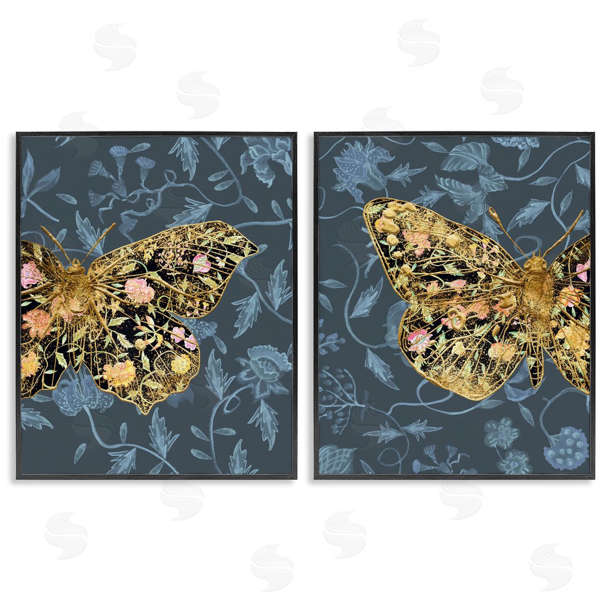 Melissa Wang Gold Winged Black Moth Floral  Black Framed Giclee Wall Art Print