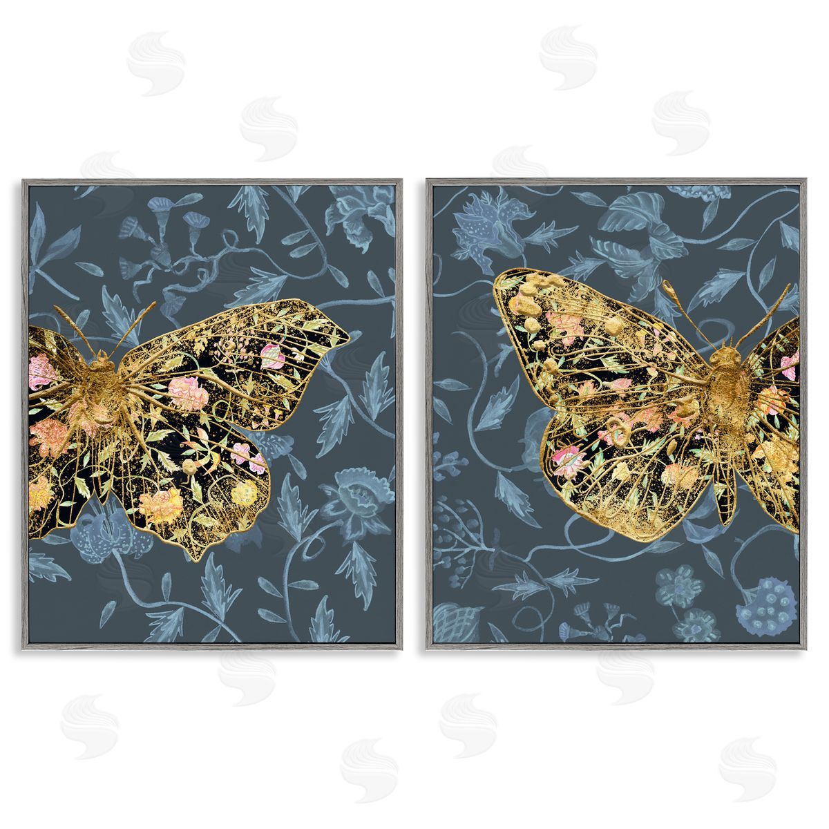 Melissa Wang Gold Winged Black Moth Floral  Gray Framed Giclee Wall Art Print
