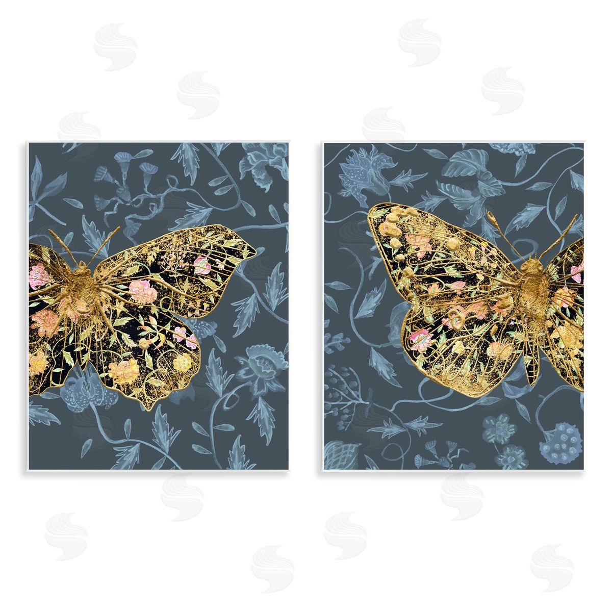 Melissa Wang Gold Winged Black Moth Floral  Wooden Wall Plaque Art Print