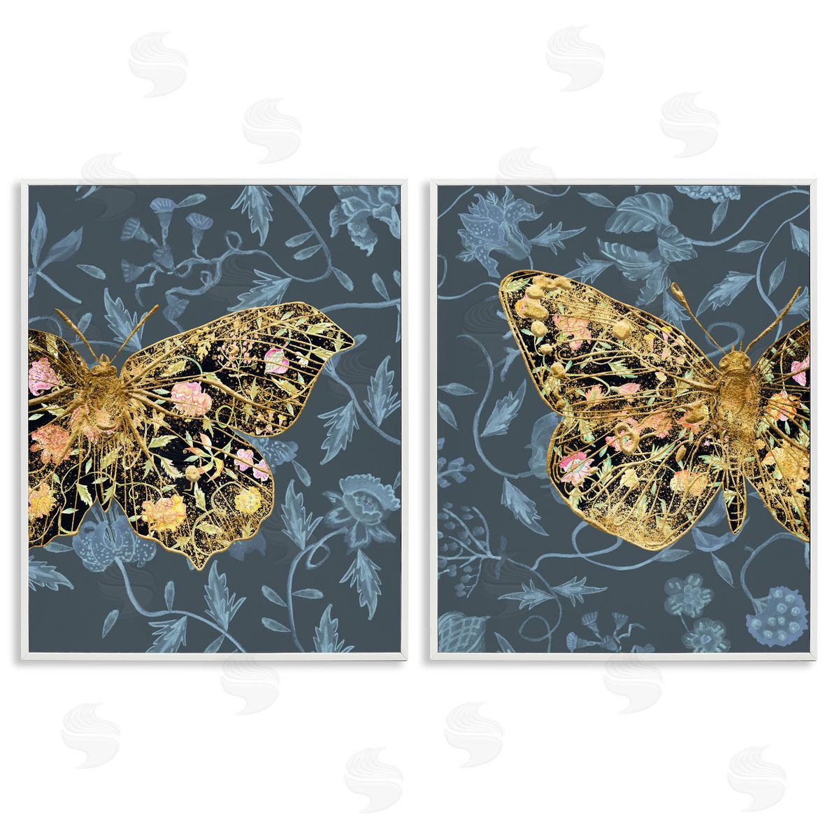 Melissa Wang Gold Winged Black Moth Floral  White Framed Giclee Wall Art Print