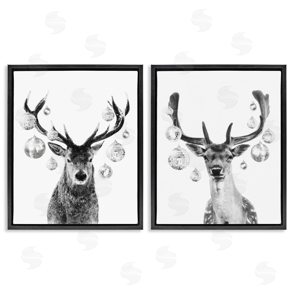Victoria Barnes Black and White Disco Deer Black Floating Frame Canvas Wall Art Print