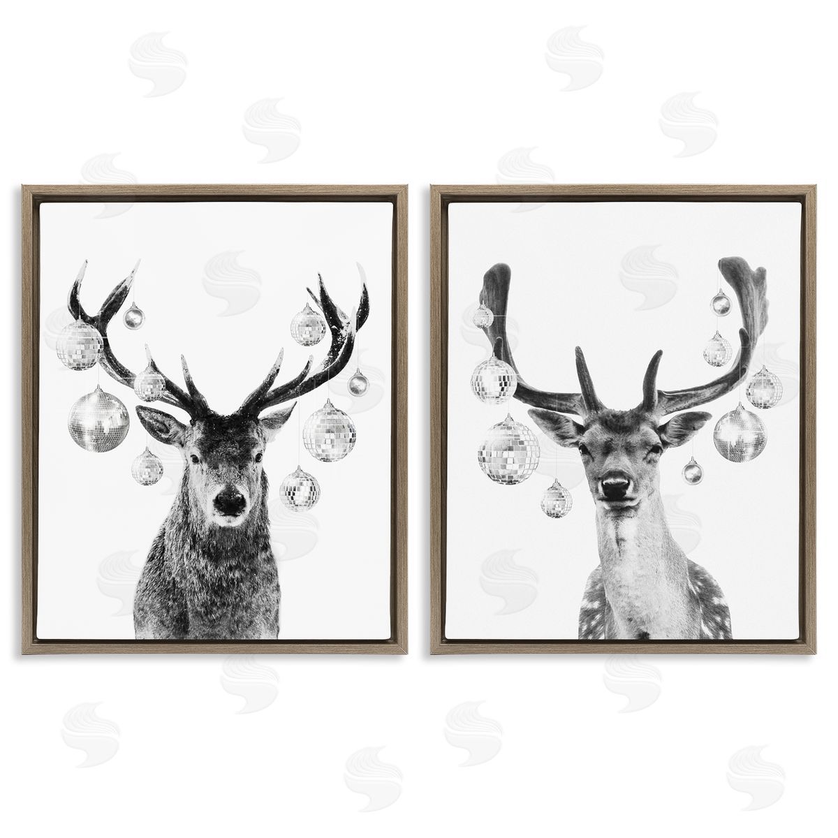 Victoria Barnes Black and White Disco Deer Brown Floating Frame Canvas Wall Art Print