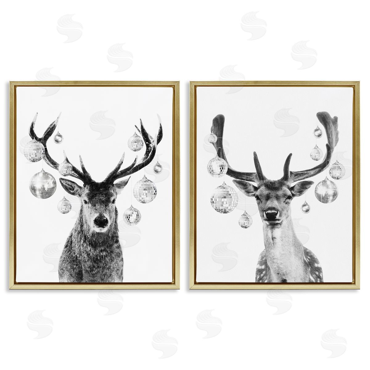 Victoria Barnes Black and White Disco Deer Gold Floating Frame Canvas Wall Art Print