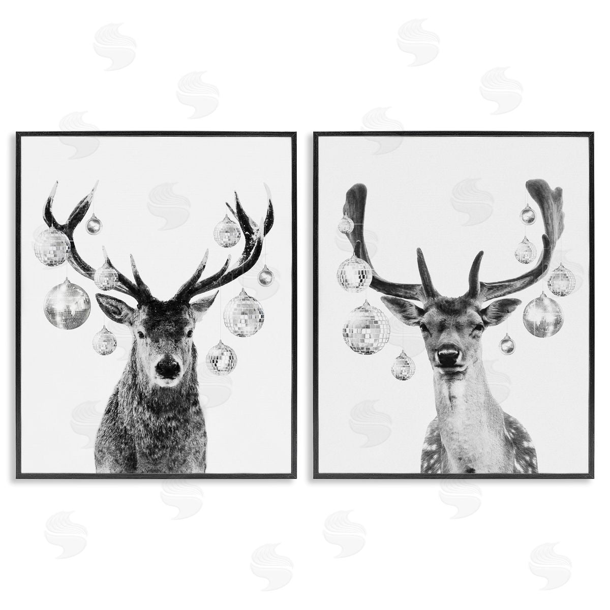 Victoria Barnes Black and White Disco Deer Black Framed Giclee Wall Art Print