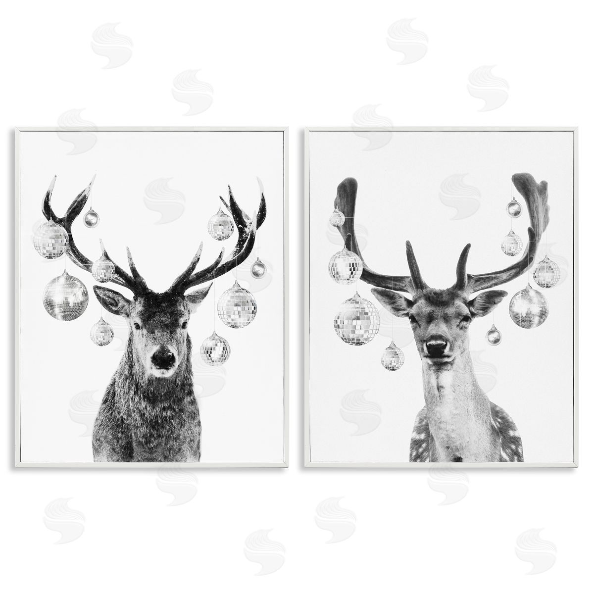 Victoria Barnes Black and White Disco Deer White Framed Giclee Wall Art Print