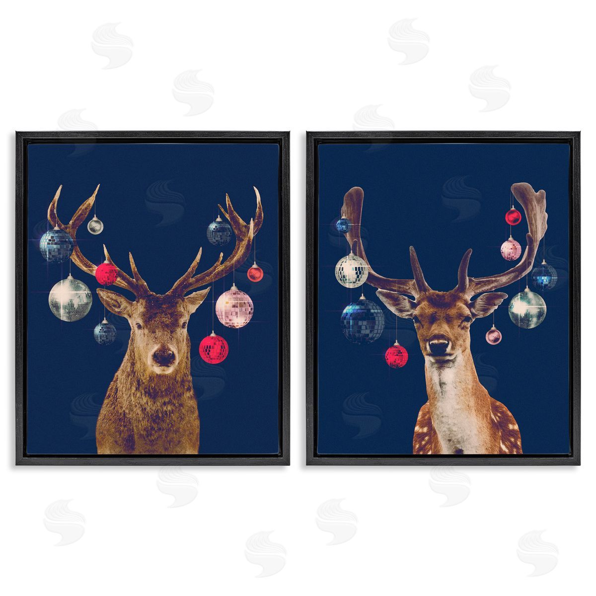 Victoria Barnes Navy Brown Disco Deer Black Floating Frame Canvas Wall Art Print