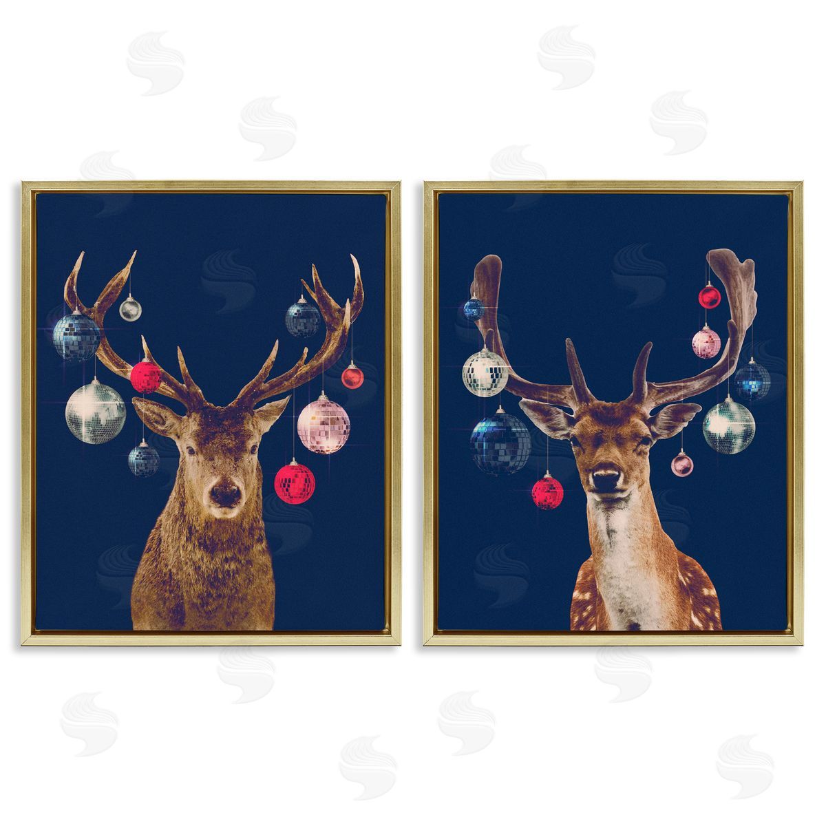 Victoria Barnes Navy Brown Disco Deer Gold Floating Frame Canvas Wall Art Print