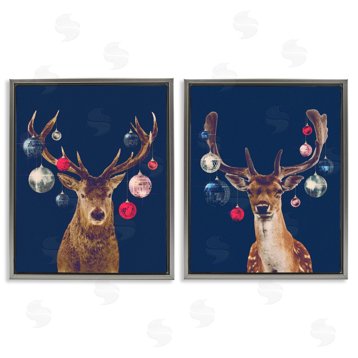 Victoria Barnes Navy Brown Disco Deer Gray Floating Frame Canvas Wall Art Print