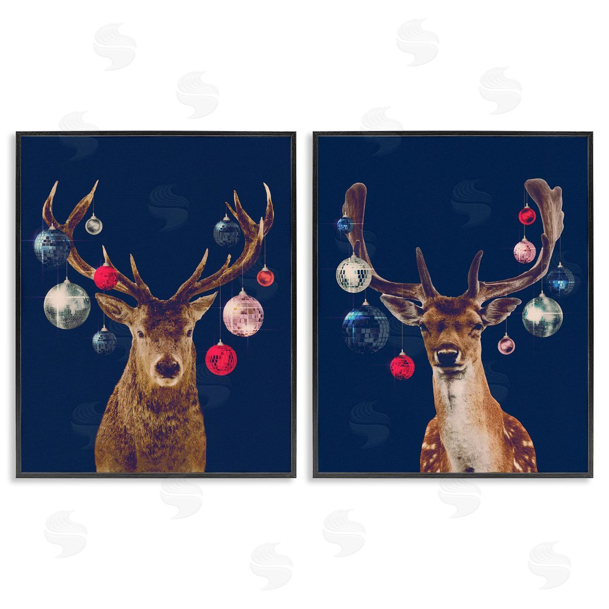 Victoria Barnes Navy Brown Disco Deer Black Framed Giclee Wall Art Print