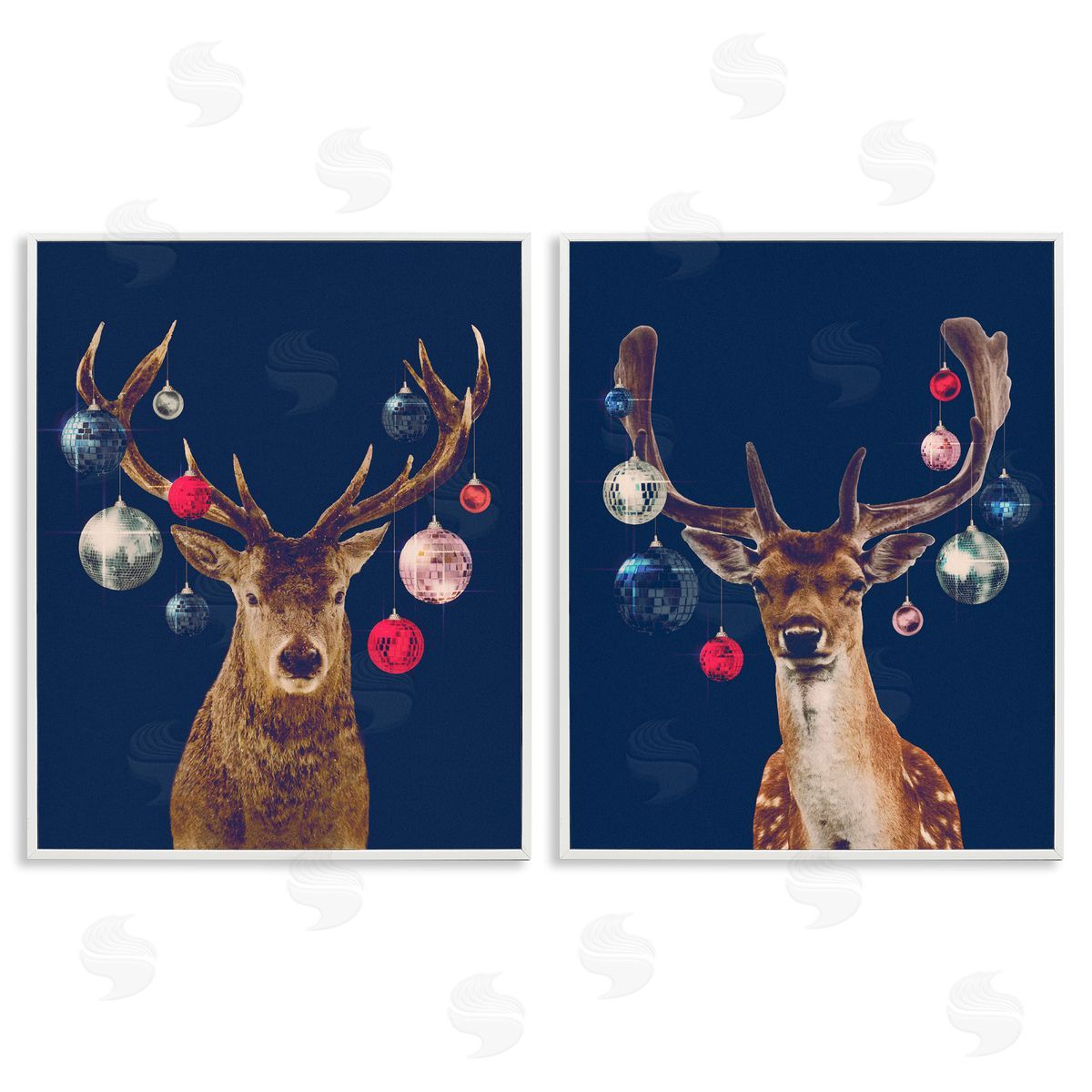 Victoria Barnes Navy Brown Disco Deer White Framed Giclee Wall Art Print