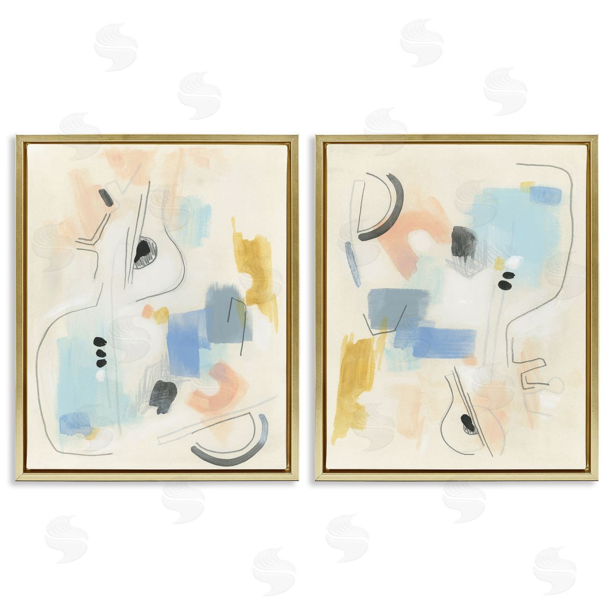 June Erica Vess Pastel Shapes Lines Patches Gold Floating Frame Canvas Wall Art Print