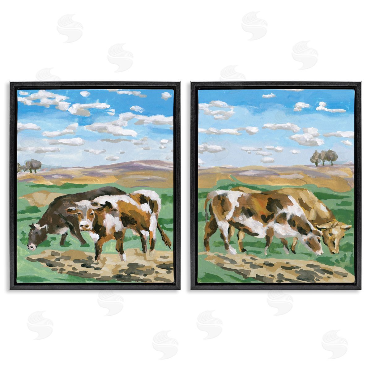 Melissa Wang Cows Grazing in Field Black Floating Frame Canvas Wall Art Print