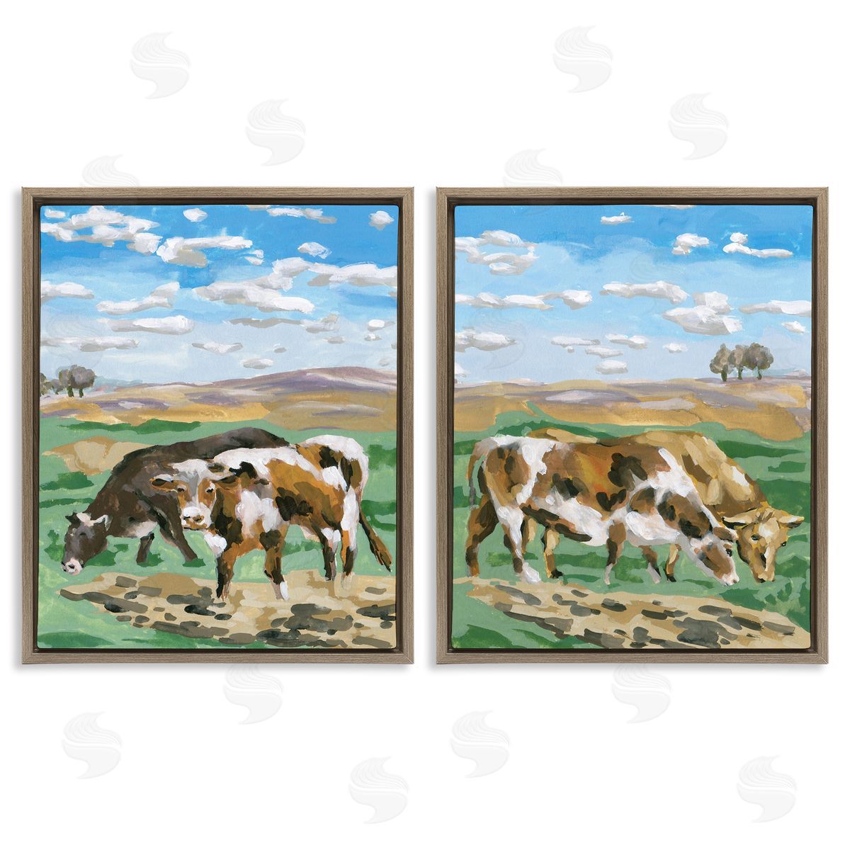 Melissa Wang Cows Grazing in Field Brown Floating Frame Canvas Wall Art Print