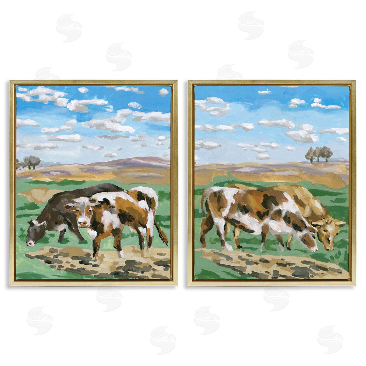 Melissa Wang Cows Grazing in Field Gold Floating Frame Canvas Wall Art Print