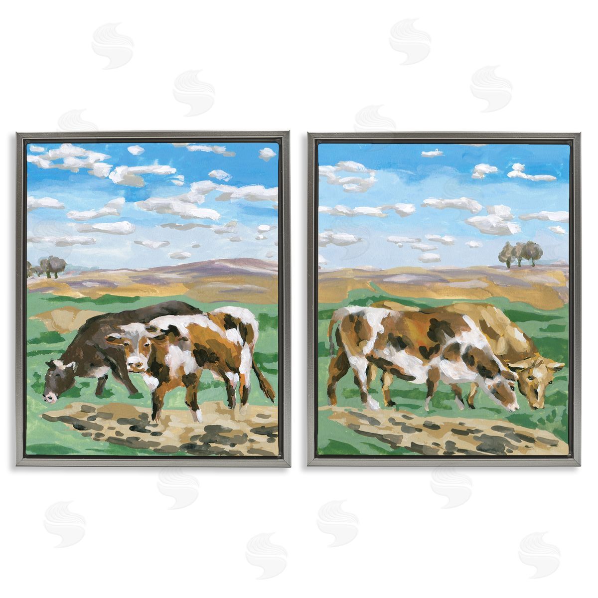 Melissa Wang Cows Grazing in Field Gray Floating Frame Canvas Wall Art Print
