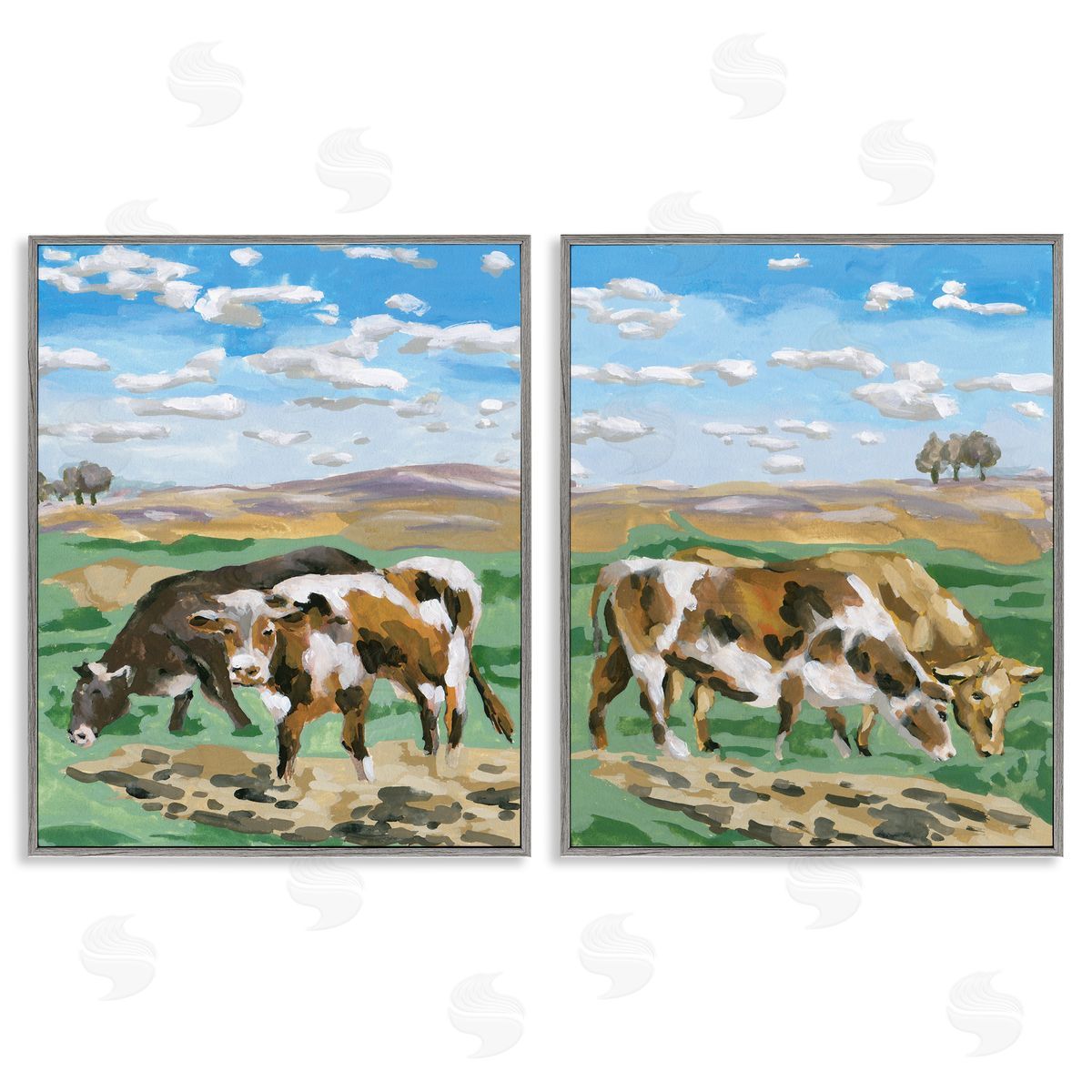 Melissa Wang Cows Grazing in Field Gray Framed Giclee Wall Art Print