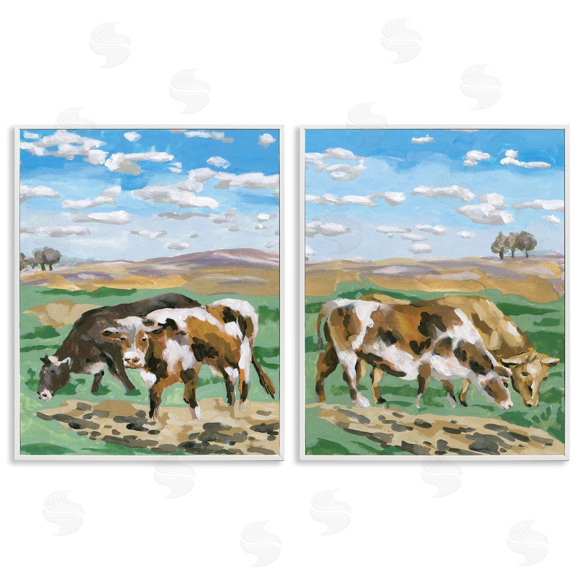 Melissa Wang Cows Grazing in Field White Framed Giclee Wall Art Print