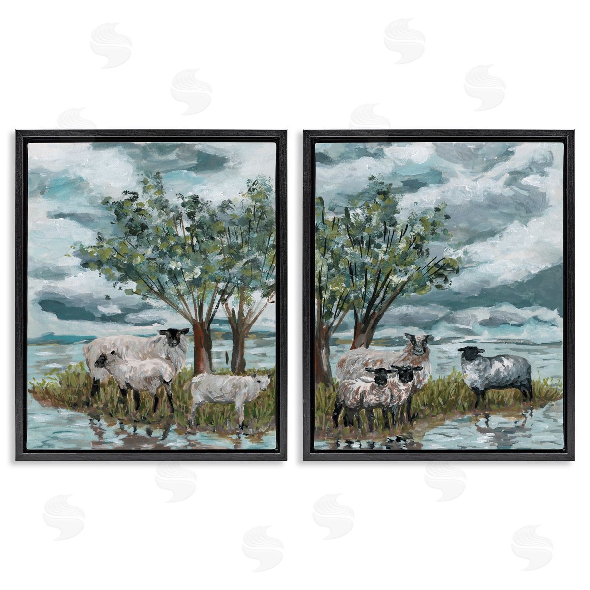 Melissa Wang Sheep in Field Black Floating Frame Canvas Wall Art Print