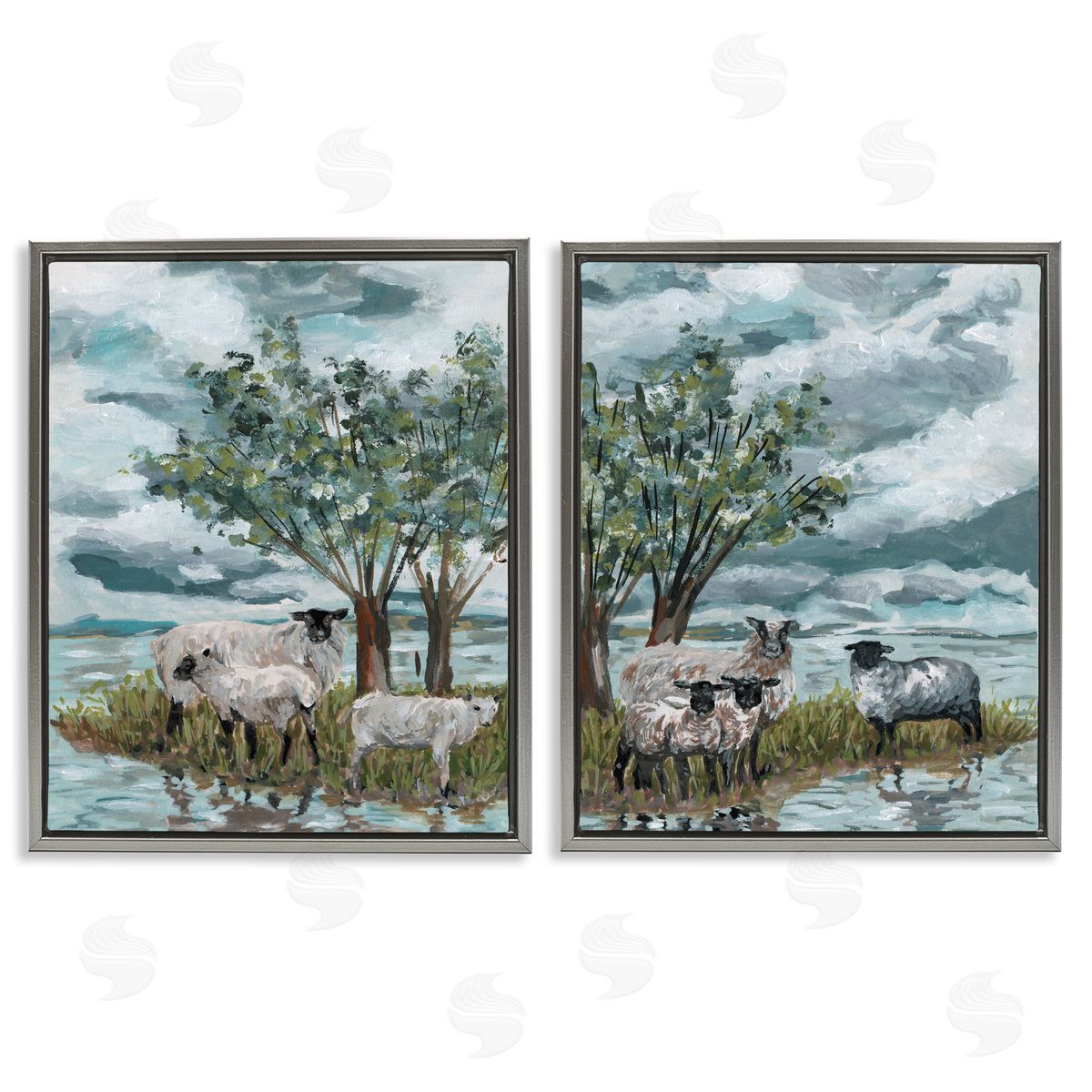 Melissa Wang Sheep in Field Gray Floating Frame Canvas Wall Art Print
