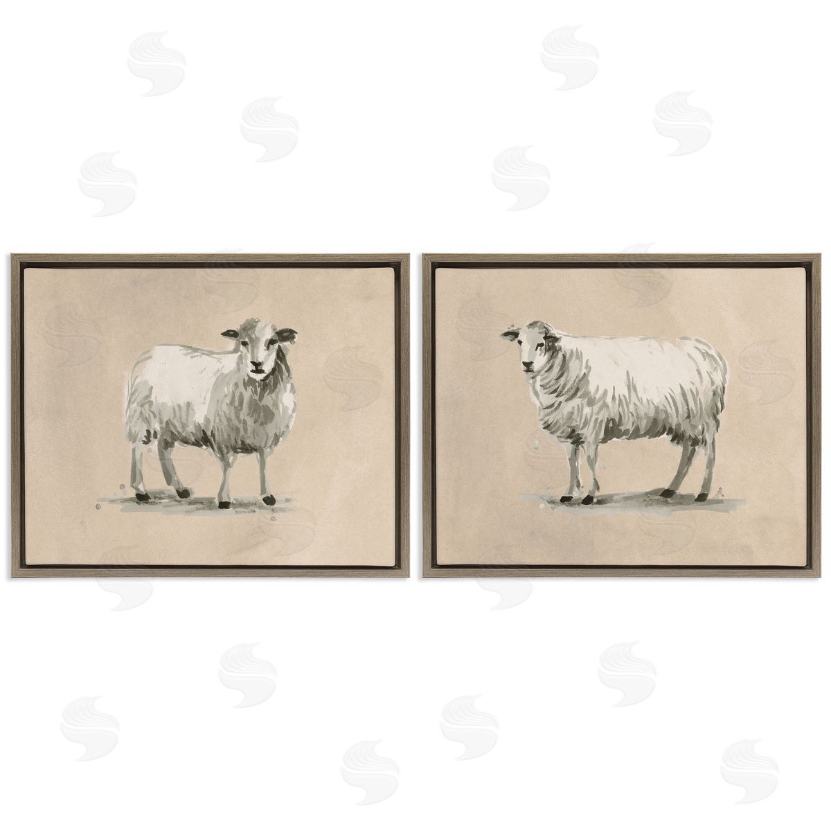 June Erica Vess Beige Sheep Portrait Brown Floating Frame Canvas Wall Art Print
