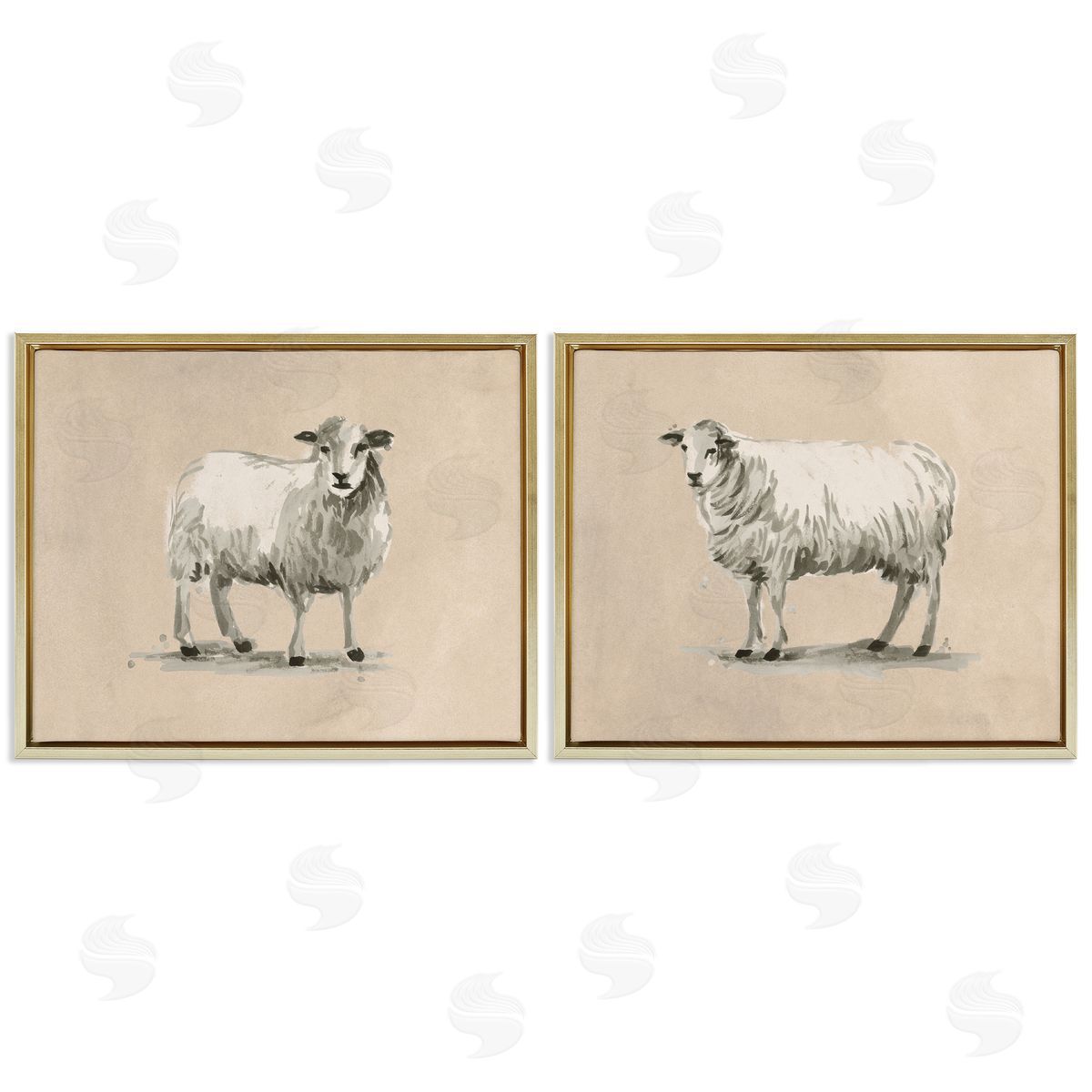 June Erica Vess Beige Sheep Portrait Gold Floating Frame Canvas Wall Art Print