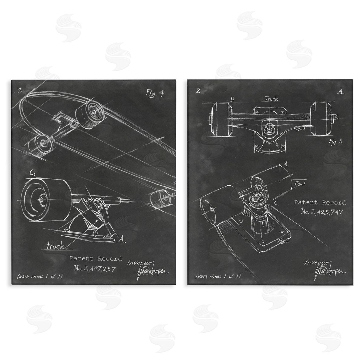 Ethan Harper Patent Diagram of Skateboard  Canvas Wall Art Print