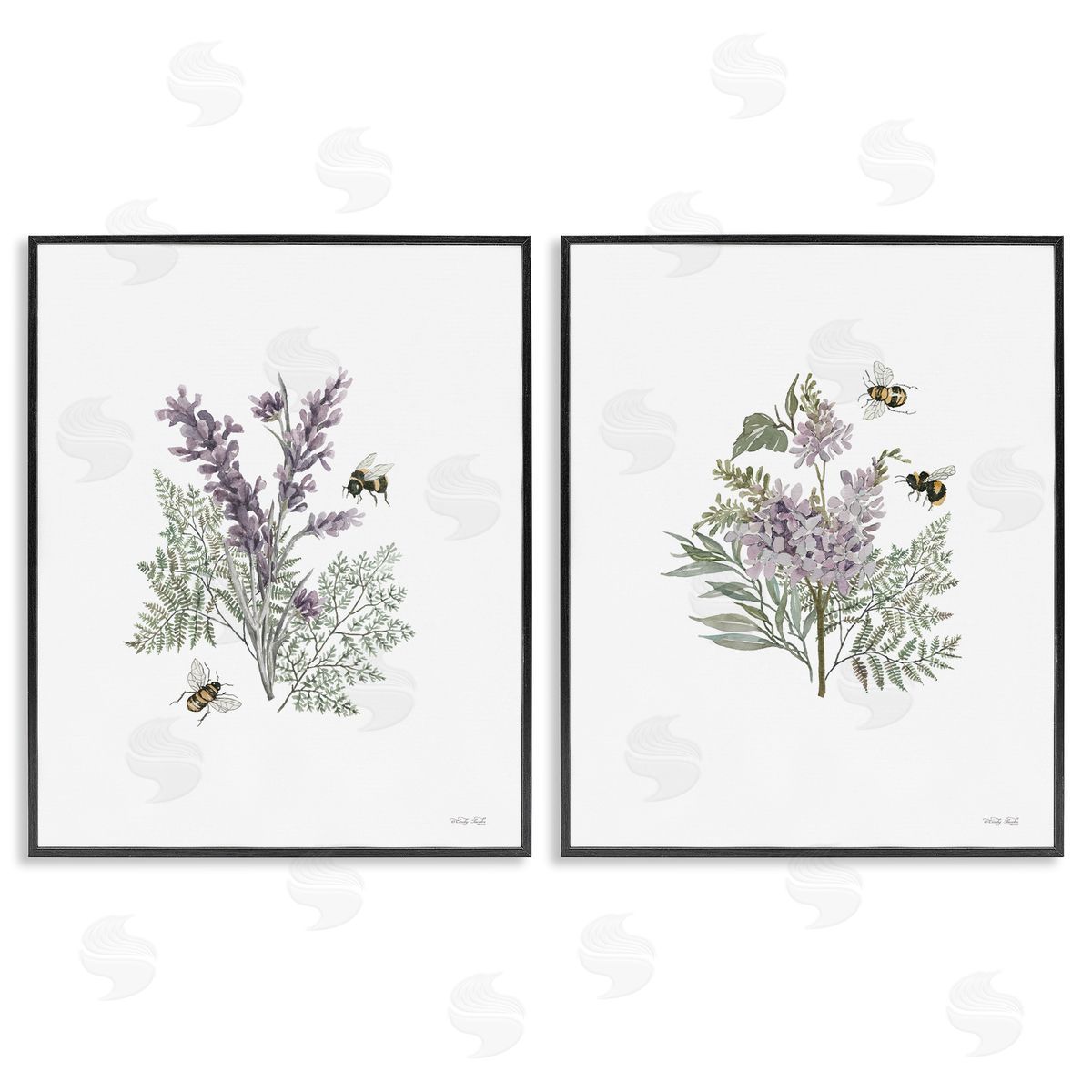 Cindy Jacobs Purple Floral Ferns Bees Black Framed Giclee Wall Art Print