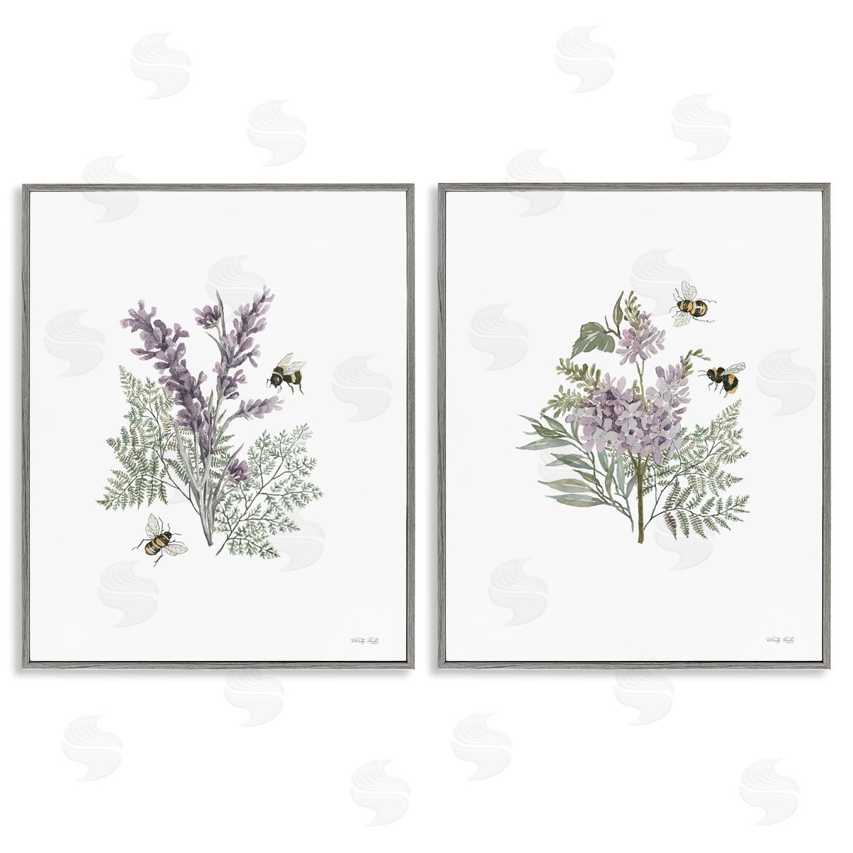 Cindy Jacobs Purple Floral Ferns Bees Gray Framed Giclee Wall Art Print