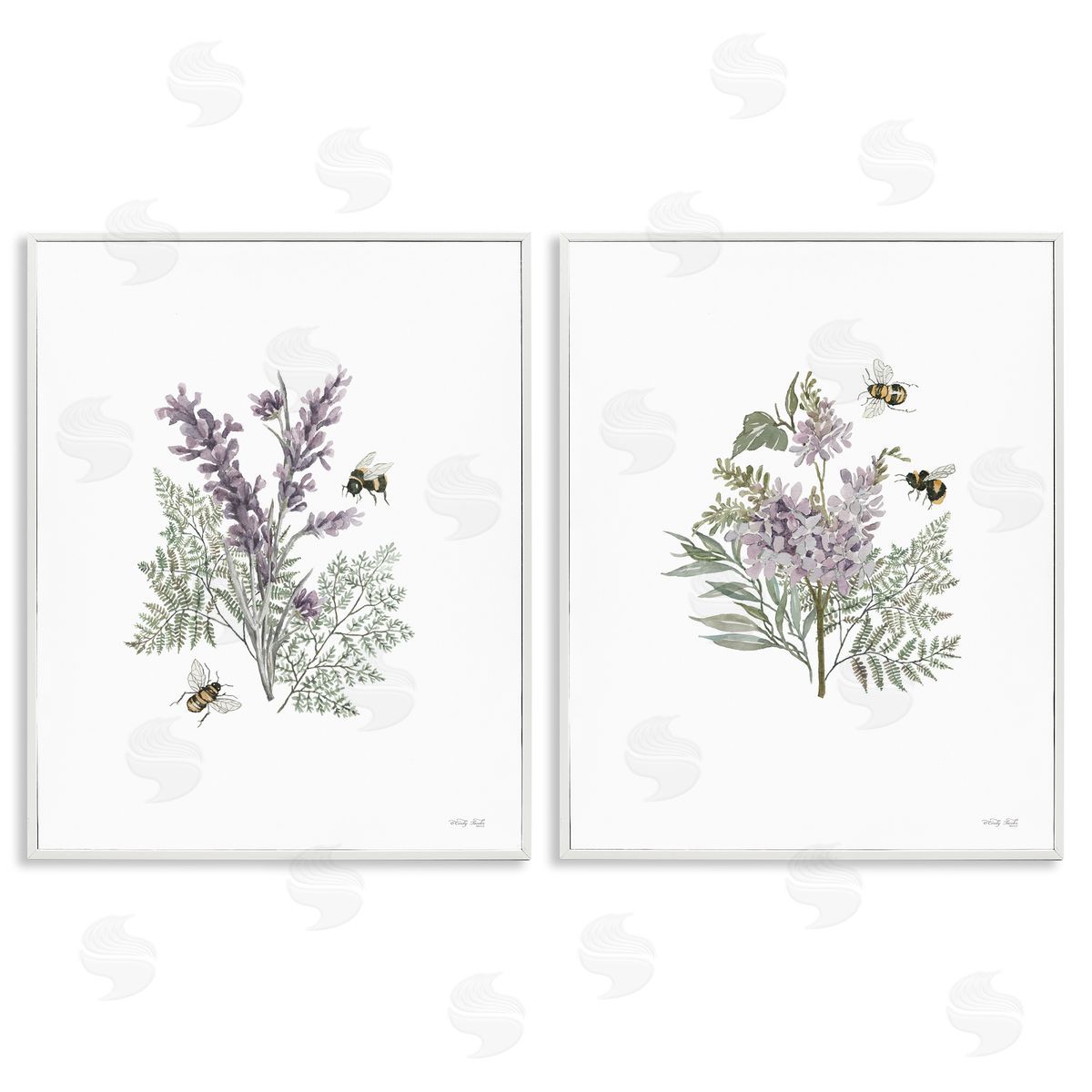 Cindy Jacobs Purple Floral Ferns Bees White Framed Giclee Wall Art Print